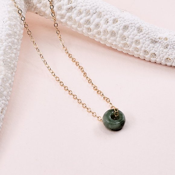 Tiny Green Jade Donut Necklace, 14K Gold Filled Dainty Necklace - Picture 1 of 9